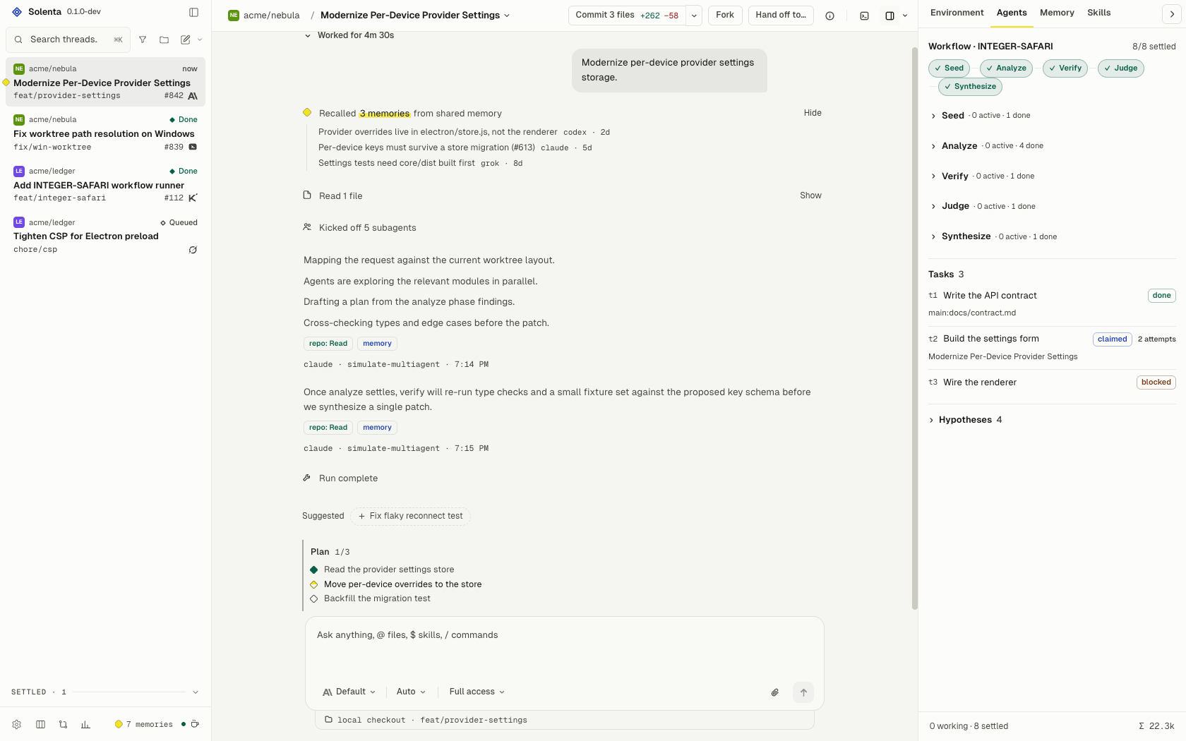 The Agents tab showing a settled workflow with phases Seed, Analyze, Verify, Judge and Synthesize, plus crew tasks