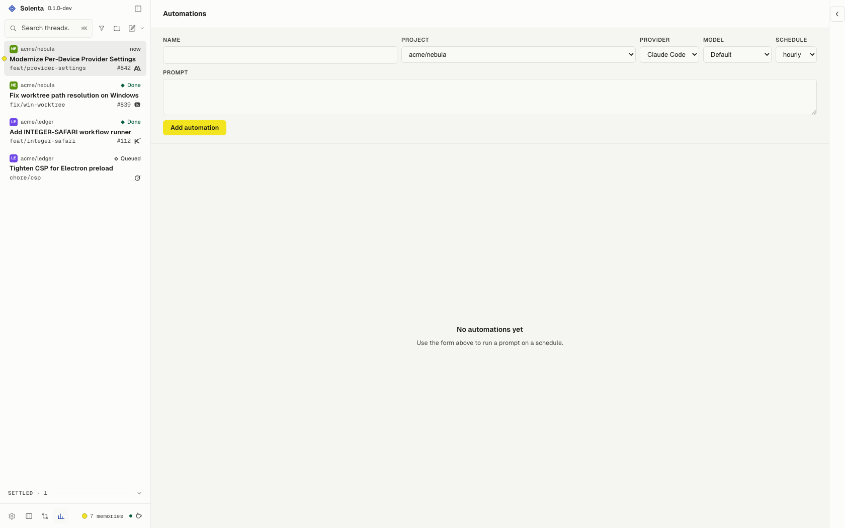 The Automations view with a form to schedule a prompt