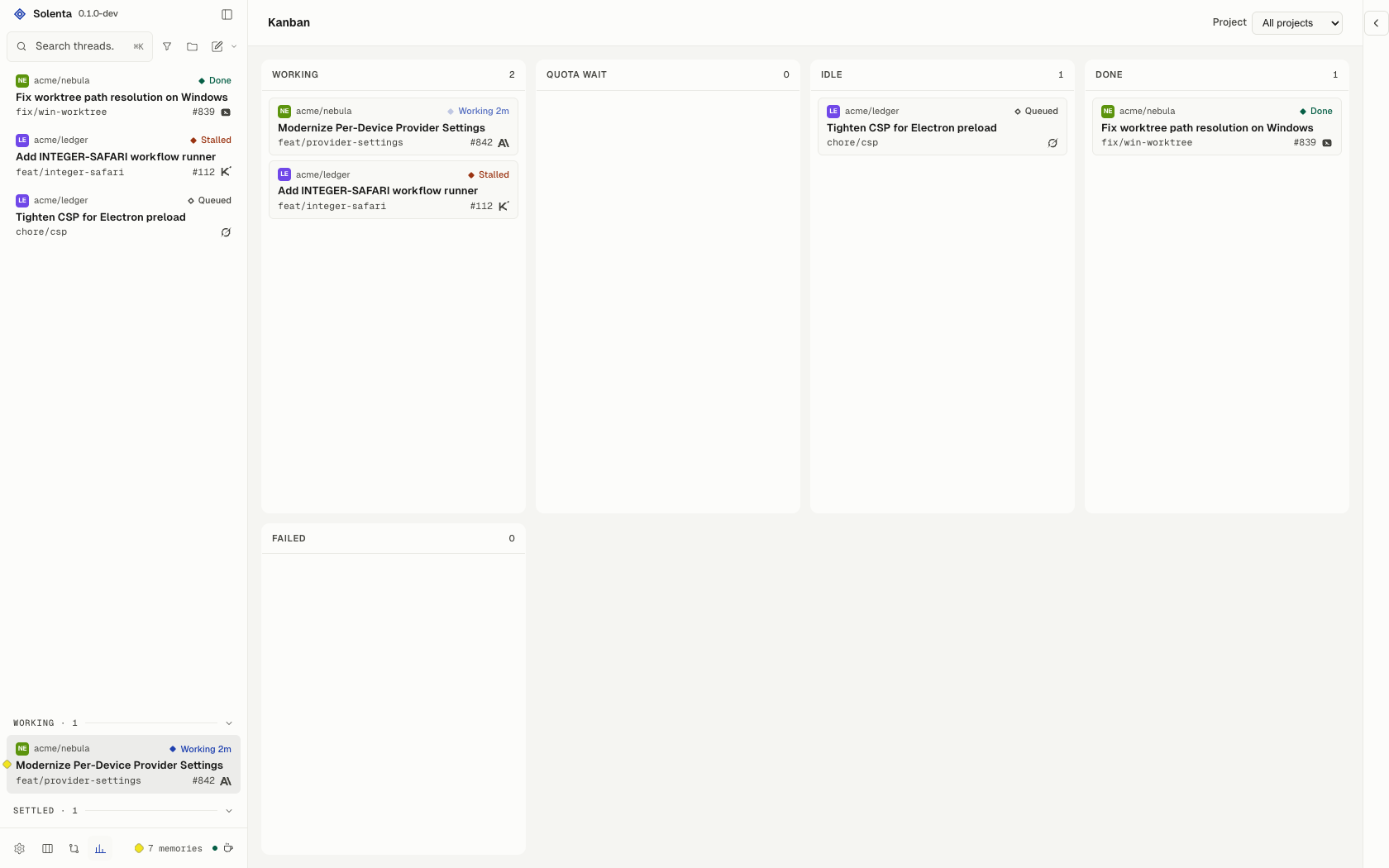 The Kanban view grouping threads by status